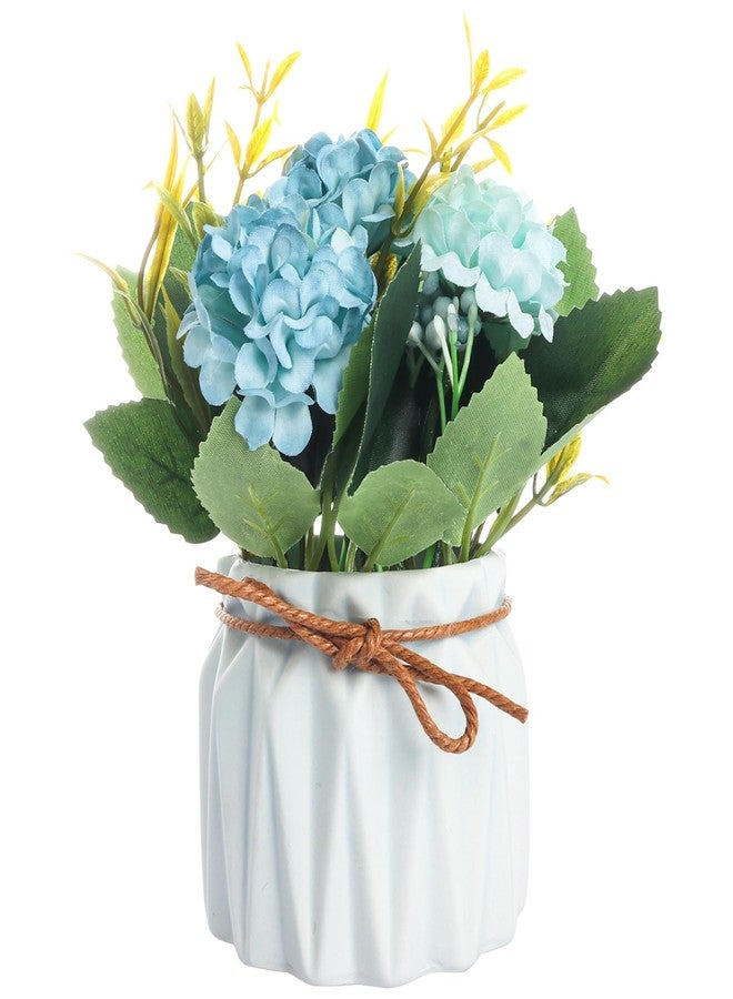 Fumwase Artificial Hydrangea Bouquet with Small Ceramic Vase Artificial Flower Plants Mini Fake Hydrangea Flowers Decoration Indoor for Home Office Table Bedroom Living Room Party (Blue) - Image 1