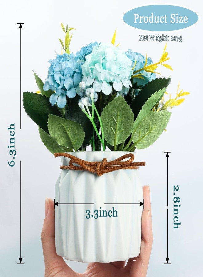 Fumwase Artificial Hydrangea Bouquet with Small Ceramic Vase Artificial Flower Plants Mini Fake Hydrangea Flowers Decoration Indoor for Home Office Table Bedroom Living Room Party (Blue) - Image 2