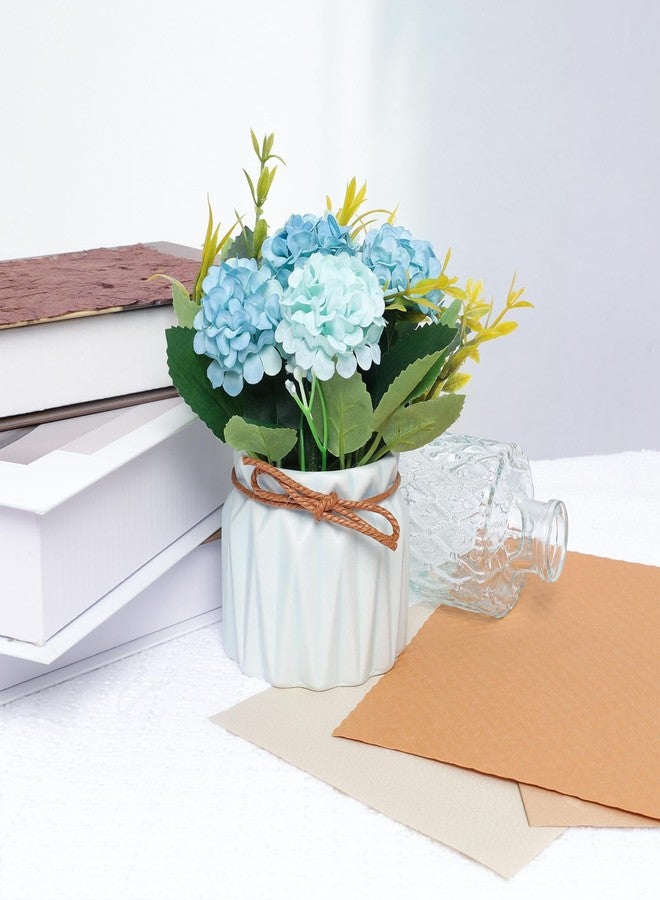 Fumwase Artificial Hydrangea Bouquet with Small Ceramic Vase Artificial Flower Plants Mini Fake Hydrangea Flowers Decoration Indoor for Home Office Table Bedroom Living Room Party (Blue) - Image 4