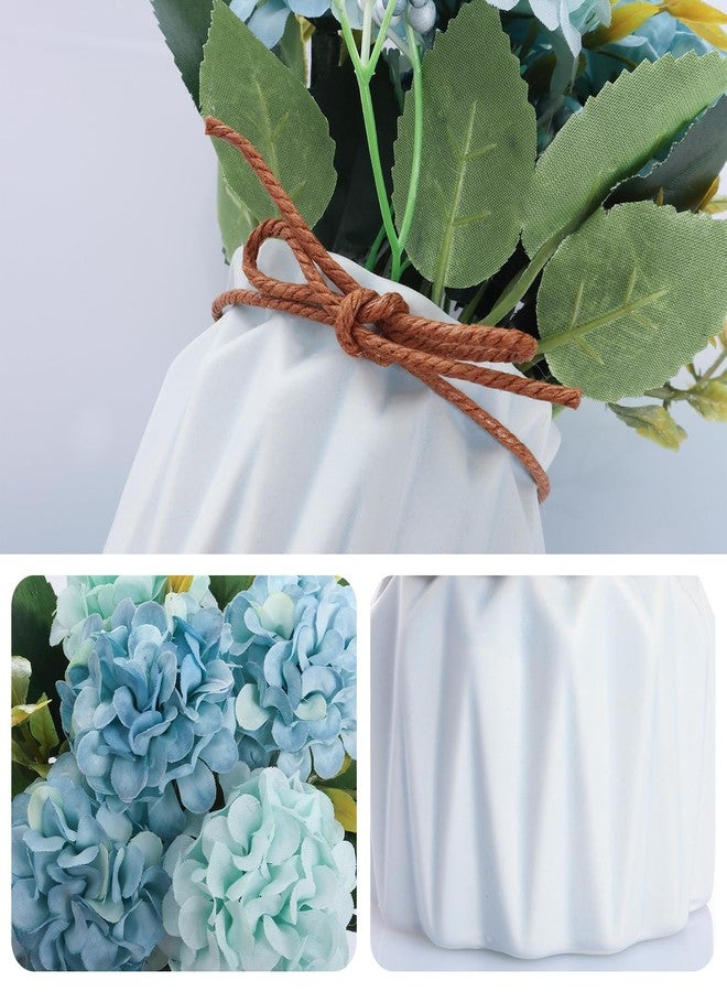 Fumwase Artificial Hydrangea Bouquet with Small Ceramic Vase Artificial Flower Plants Mini Fake Hydrangea Flowers Decoration Indoor for Home Office Table Bedroom Living Room Party (Blue) - Image 3