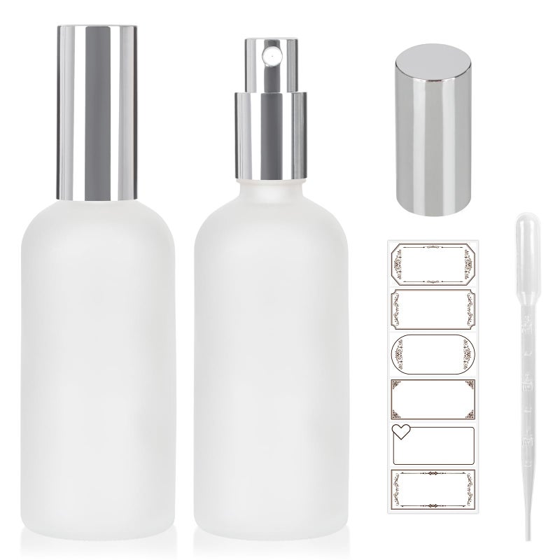 AuroTrends 3.4oz Frosted Glass Spray Bottles 2Pack, Empty Perfume Spray Bottles for Face Body Travel, Refillable Fine Mist Atomizer with Silver Caps, Plastic Dropper and Stickers Included - Image 1