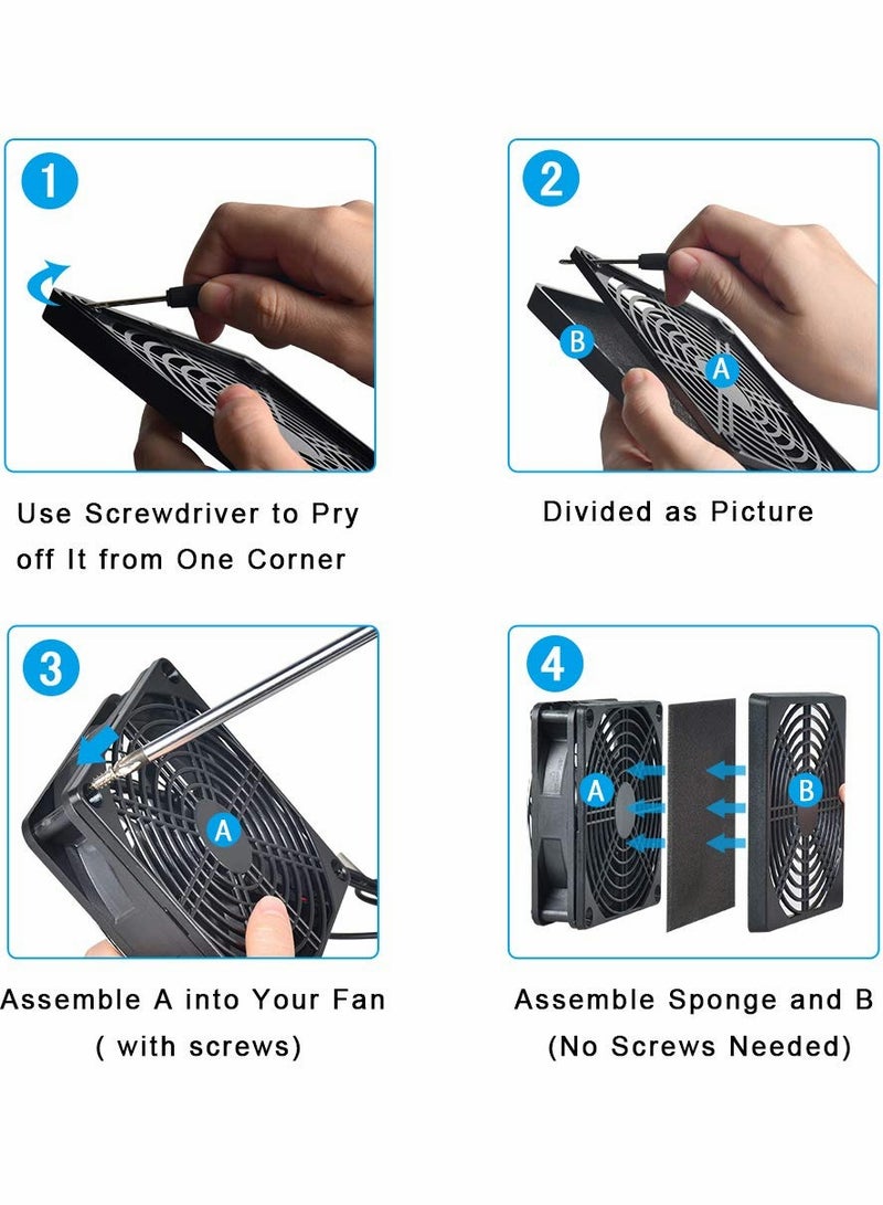 Barakah Cooling Fan Filter 120mm 4Pcs 3 in 1 Computer Dustproof PC Dust Cover Ventilator Grill with Sponge and Screws for 120x120 Case (Black) - Image 4