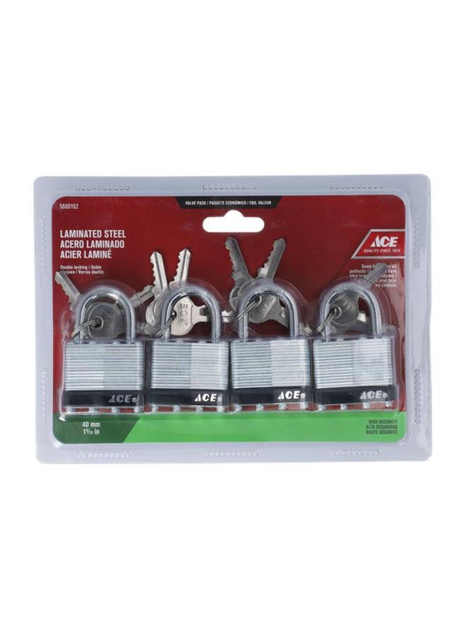 ACE 4-Piece Laminated Steel Padlocks Silver 40mm 