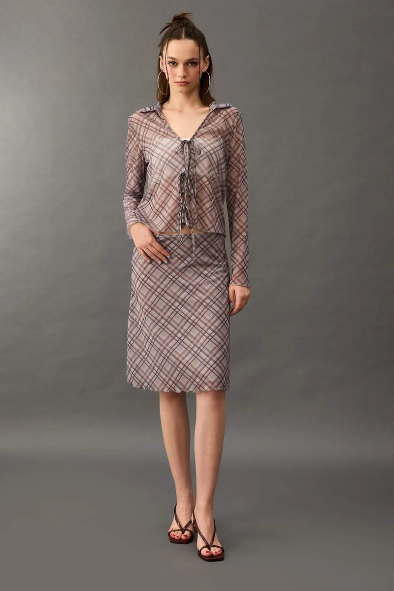 ديفاكتو A Line Plaid Tulle Normal Waist Midi Knitted Skirt
