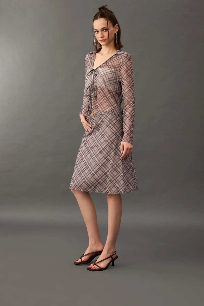 ديفاكتو A Line Plaid Tulle Normal Waist Midi Knitted Skirt
