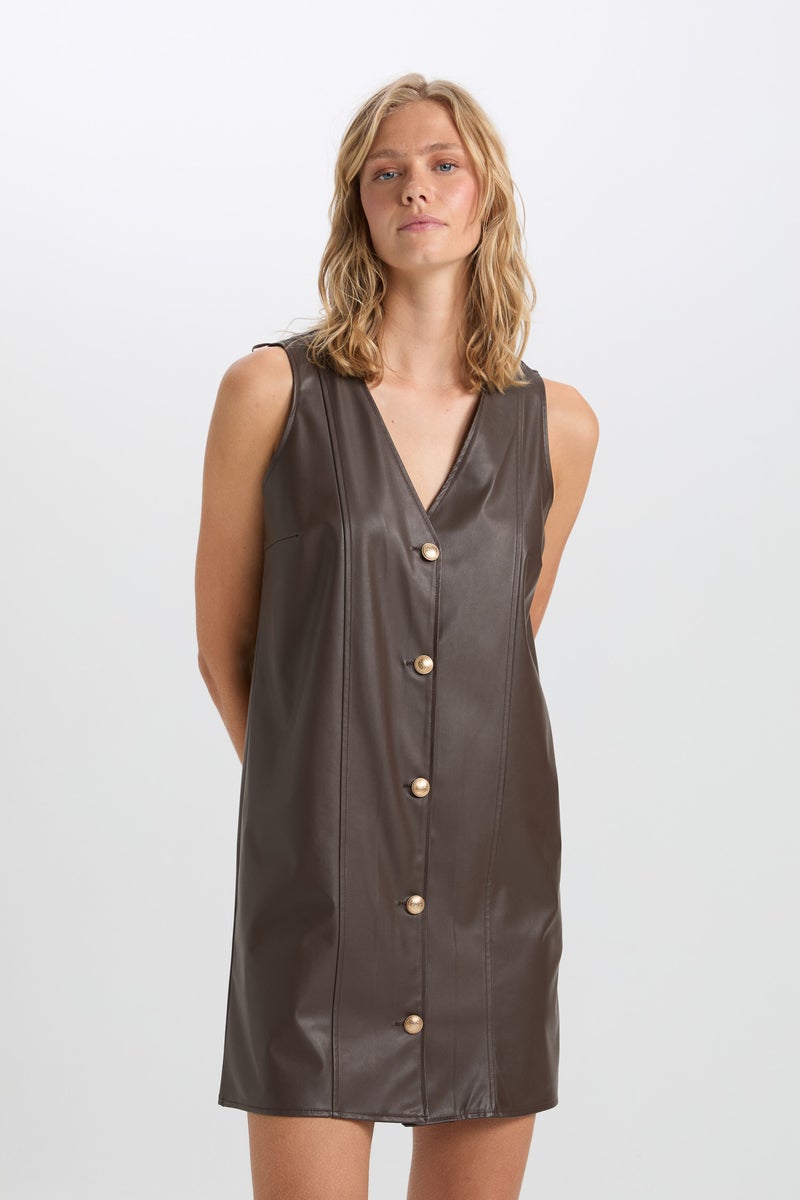 DeFacto Woman A Cut V Neck Basic Faux Leather Sleeveless Mini Dress  - Image 1