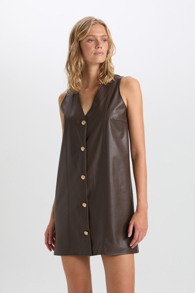 DeFacto Woman A Cut V Neck Basic Faux Leather Sleeveless Mini Dress  - Image 5