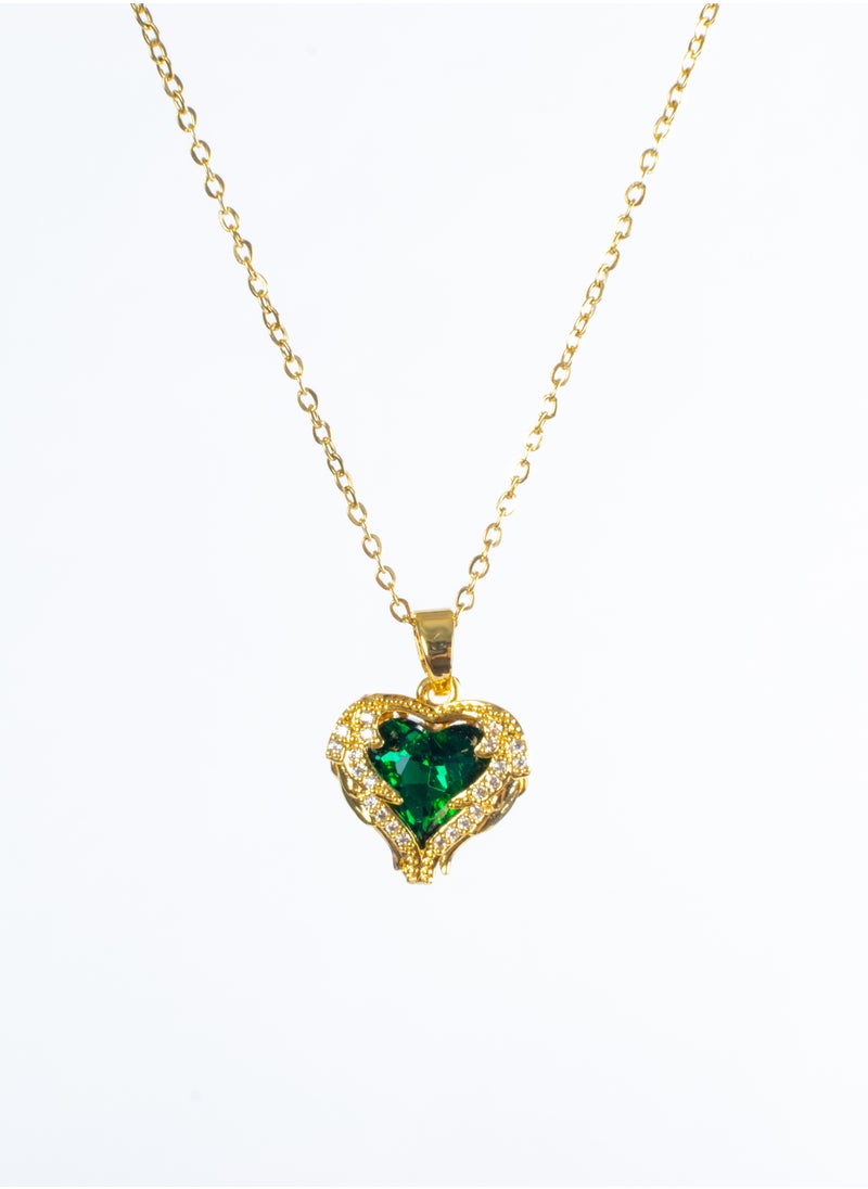 The Black Pearl Accessories - Stainless Steel Necklace Gold with Zirconic Winging Green Crystal Heart Pendant - Image 1