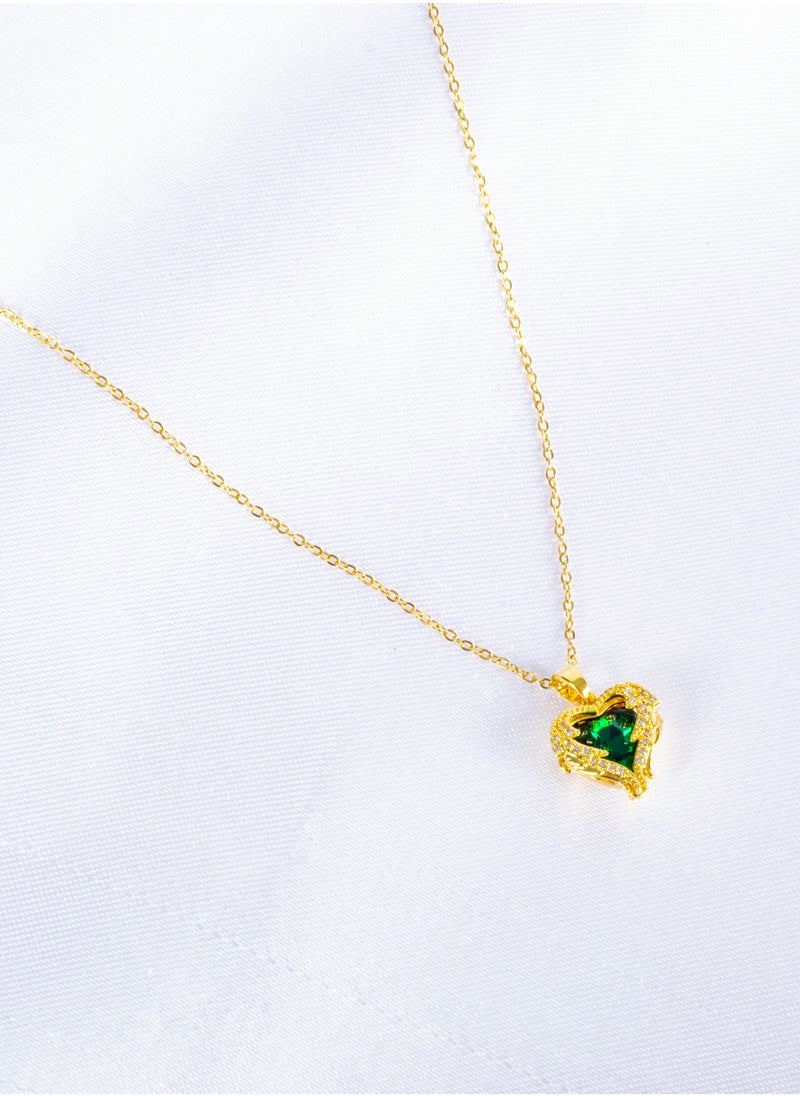 The Black Pearl Accessories - Stainless Steel Necklace Gold with Zirconic Winging Green Crystal Heart Pendant - Image 1