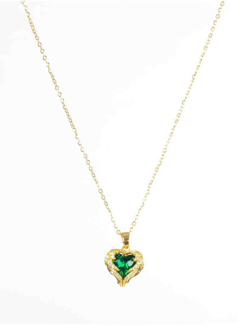 The Black Pearl Accessories - Stainless Steel Necklace Gold with Zirconic Winging Green Crystal Heart Pendant - Image 1