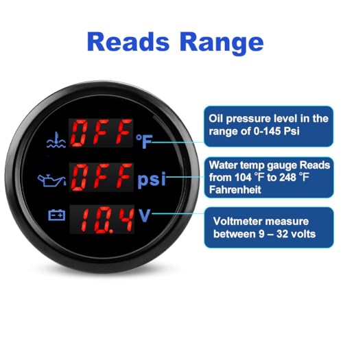 WATERWICH 2inch 52mm 3 in 1 Triple Gauge Set Water Temperature Gauge °F + Oil Pressure Gauge PSI + Voltmeter for Car Truck Boat Vehicle Marine - Image 2