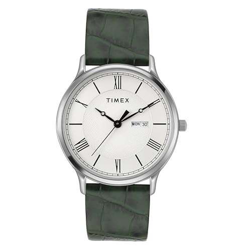 TIMEX Analog Watch for Man with White Round Dial & Green Leather Strap Band Water Resistant Men's Wrist Watches - TWTG10510 - Image 1