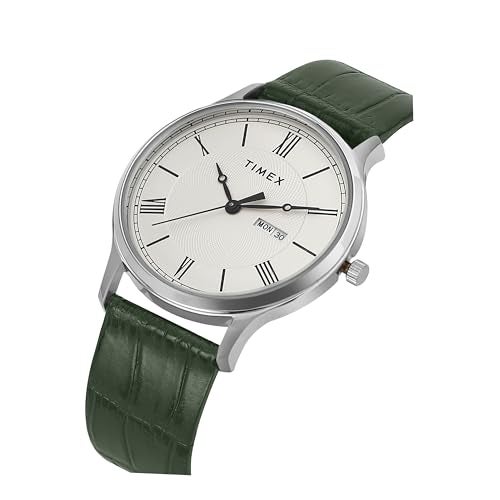 TIMEX Analog Watch for Man with White Round Dial & Green Leather Strap Band Water Resistant Men's Wrist Watches - TWTG10510 - Image 2
