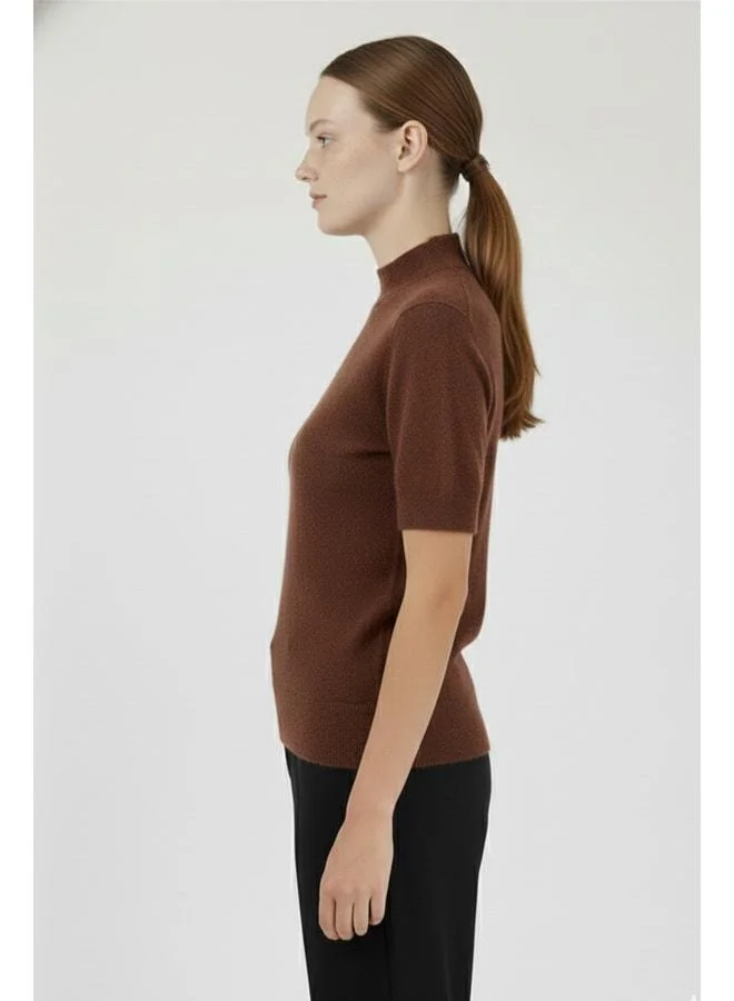 Mısırlı 1951 Brown Half‑Collar Short‑Sleeve Women's Sweater.