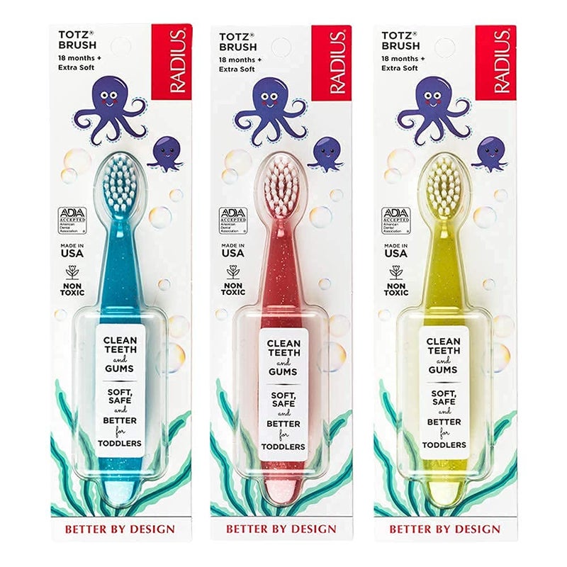 RADIUS Childrens Toothbrush Totz Brush Extra Soft Bristles BlueCoralYellow BPA Free ADA Accepted Designed for Delicate Teeth Gums for Children 18 Months Up Pack of 3