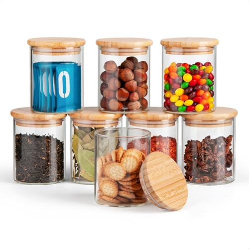WRINGO Airtight Glass Jar wooden lid for Food Storage Containers Set,Airtight Food Jars with Bamboo Lids Glass Jar for Kitchen Container Glass Kitchen and multipurpose use (W Round -300ML, Set of 6) - Image 1