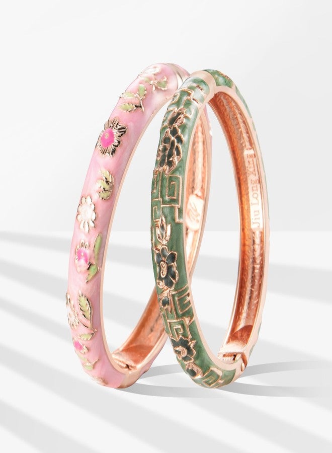 UJOY Gorgeous Bracelets Enameled Floral Cloisonne Gift Plated Cuff Bangles Jewelry Sets Box for Women 55A18-55A114 Pink Green - Image 2