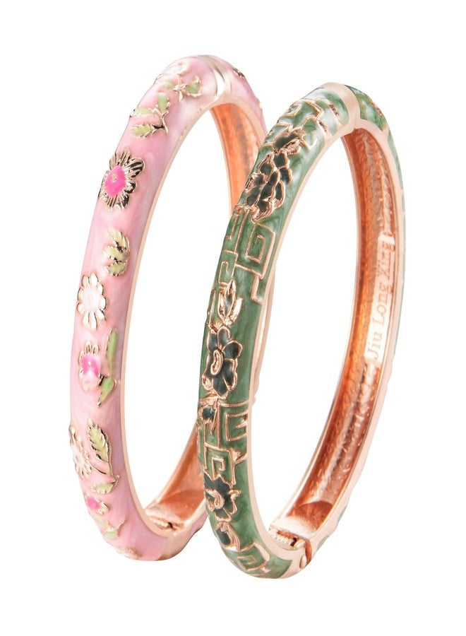 UJOY Gorgeous Bracelets Enameled Floral Cloisonne Gift Plated Cuff Bangles Jewelry Sets Box for Women 55A18-55A114 Pink Green - Image 1