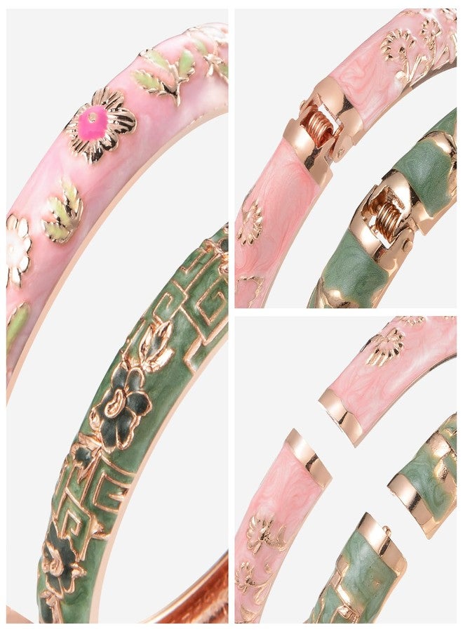 UJOY Gorgeous Bracelets Enameled Floral Cloisonne Gift Plated Cuff Bangles Jewelry Sets Box for Women 55A18-55A114 Pink Green - Image 4