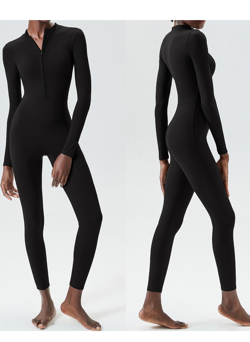 Women's Zipper Tight Fitness Sticky Elastic jumpsuit Quick drying Long Sleeve Open Collar Yoga Dress  - Image 1
