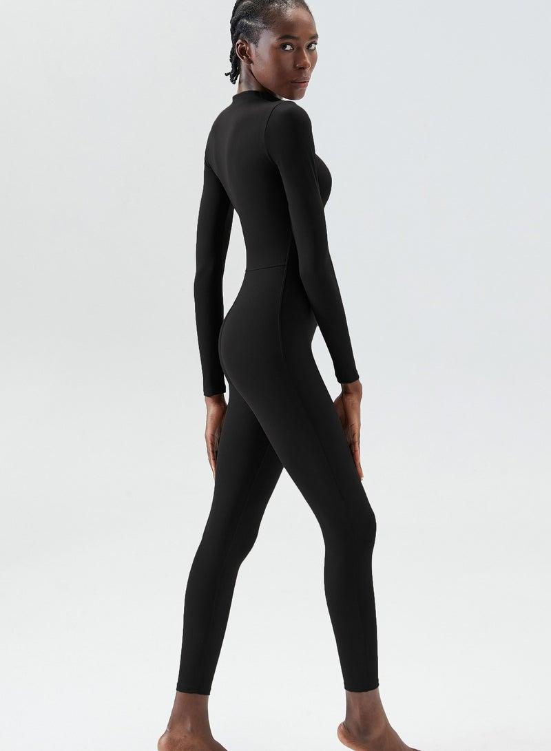 Women's Zipper Tight Fitness Sticky Elastic jumpsuit Quick drying Long Sleeve Open Collar Yoga Dress  - Image 3