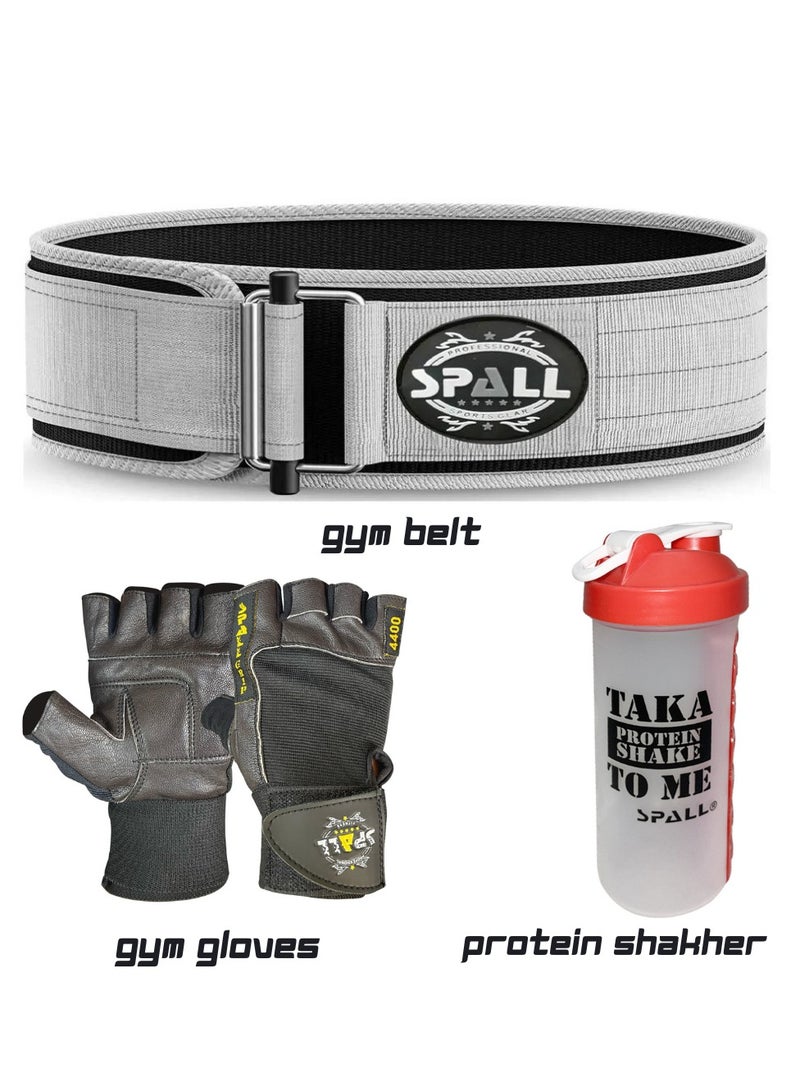 Spall Fitness Combo off Weightlifting Gym Belt, with Professional Gym Gloves & Protein Shaker Bottle Pill Holder  - Image 1