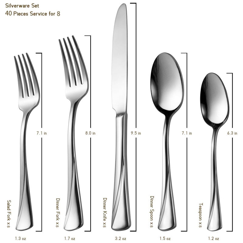 Alata Alice 40-Piece Silverware Set Stainless Steel Flatware Set,Service for 8,Mirror Polished Cutlery Set,Dishwasher Safe - Image 3