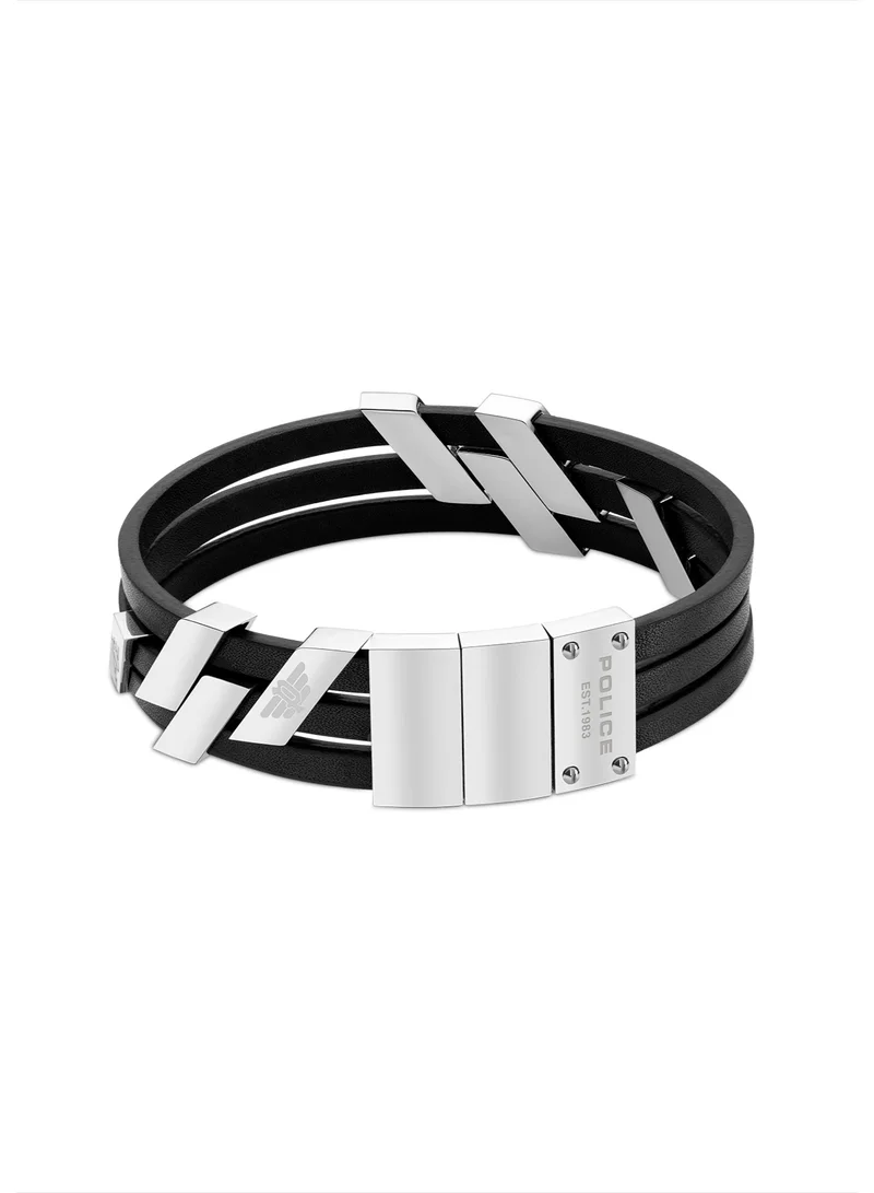 Gear Silver Stainless Steel and Triple Flat Black Leather Bracelet for Men L Size
