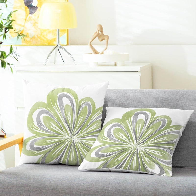 Throw Pillow Covers Pack of 2 Cozy Fleece Two-Tone Abstract Blooming Flower Decorative Cushion Cases for Couch Bed Sofa Farmhouse Decoration 18 X 18 Inches Sage Green Grey