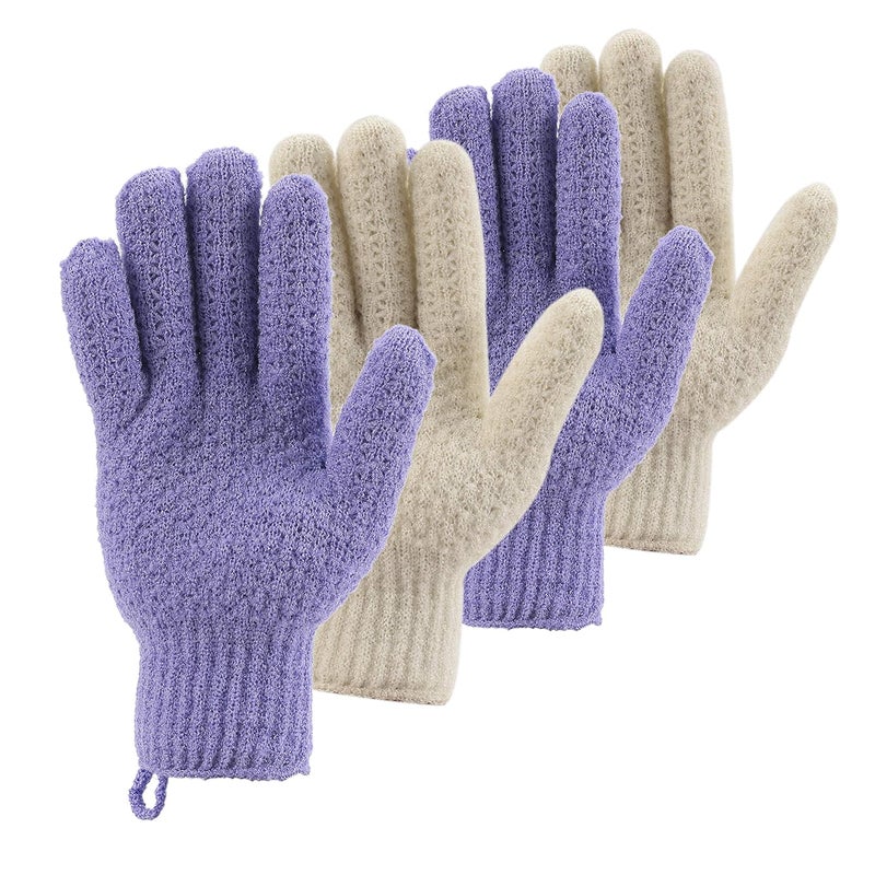 cleedy Bath Exfoliating Gloves Scrub - 4 pcs(2 pairs) Lengthened and Large Exfoliating Scrubbing Gloves for Shower, Spa, Massage - Scrub Exfoliating Mitts for Body, Face, Hand （Purple and Beige） - Image 1