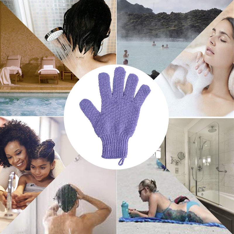 cleedy Bath Exfoliating Gloves Scrub - 4 pcs(2 pairs) Lengthened and Large Exfoliating Scrubbing Gloves for Shower, Spa, Massage - Scrub Exfoliating Mitts for Body, Face, Hand （Purple and Beige） - Image 5