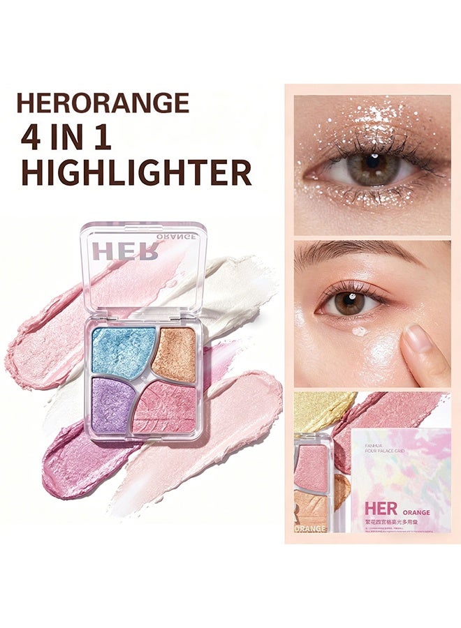 HERORANGE Fanhua Four Palace Grid, 4-color Metallic Shimmer Shadow Powder, Illuminator Makeup Set for Shading, Highlighting & Defining the Face #01 Soda Salt Bath - Image 3