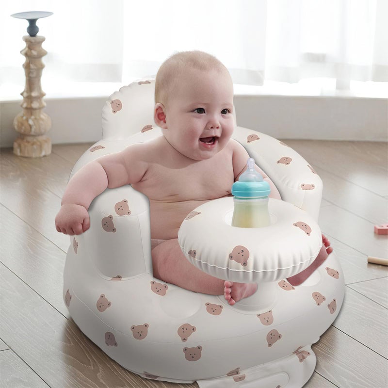 EKEPE Inflatable Baby Chair with Tray for Babies 3 Months & Up, Blow Up Baby Seat with Built in Air Pump, Sit Me Up Floor Baby Seats for Infants for Sitting Up - Bear Head with Tray - Image 2