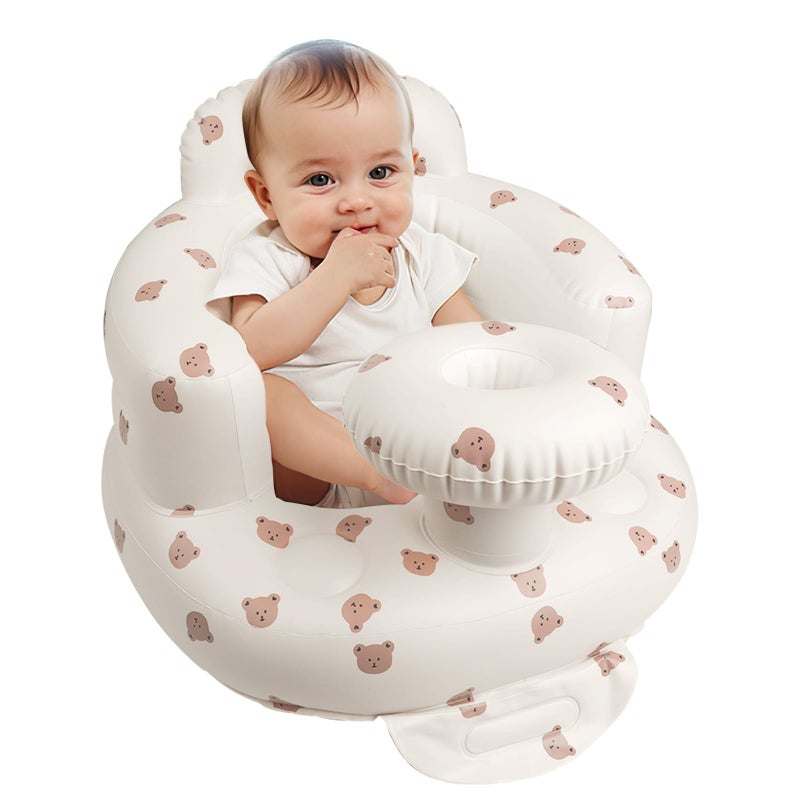 EKEPE Inflatable Baby Chair with Tray for Babies 3 Months & Up, Blow Up Baby Seat with Built in Air Pump, Sit Me Up Floor Baby Seats for Infants for Sitting Up - Bear Head with Tray - Image 1