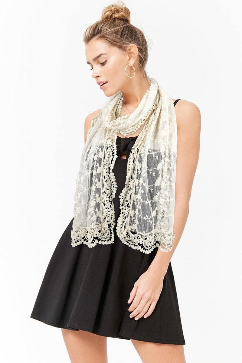 GERINLY Decorative Lacy Scarf Lace Vintage Hollow Embroidery Neckerchief Rustic Feminine Mesh Wrap Shawl for Women (O-Beige) - Image 2