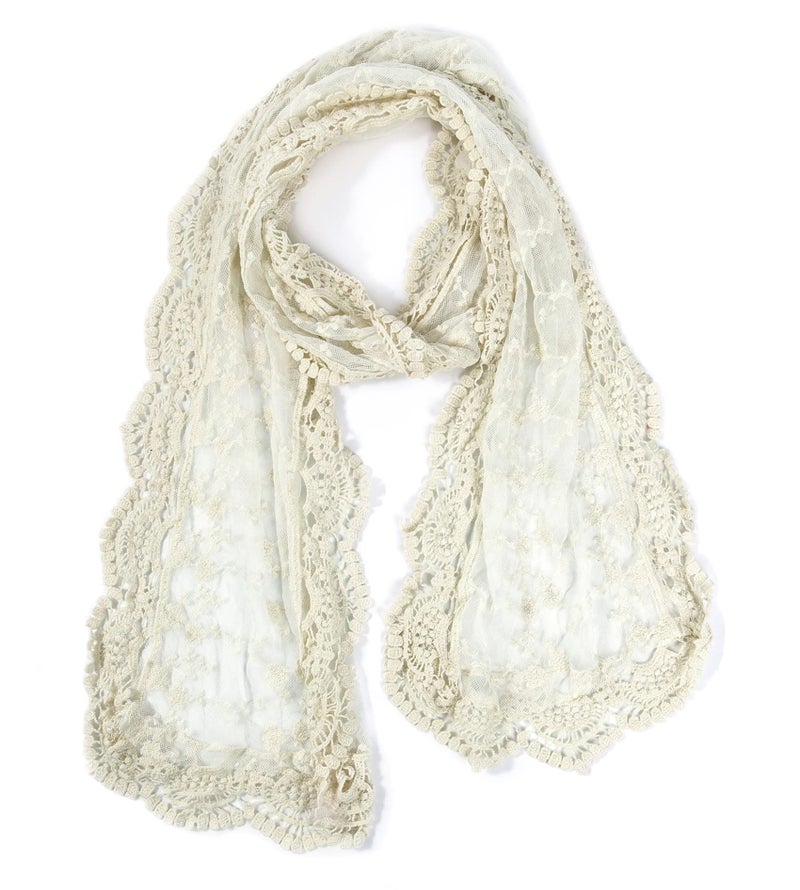 GERINLY Decorative Lacy Scarf Lace Vintage Hollow Embroidery Neckerchief Rustic Feminine Mesh Wrap Shawl for Women (O-Beige) - Image 1