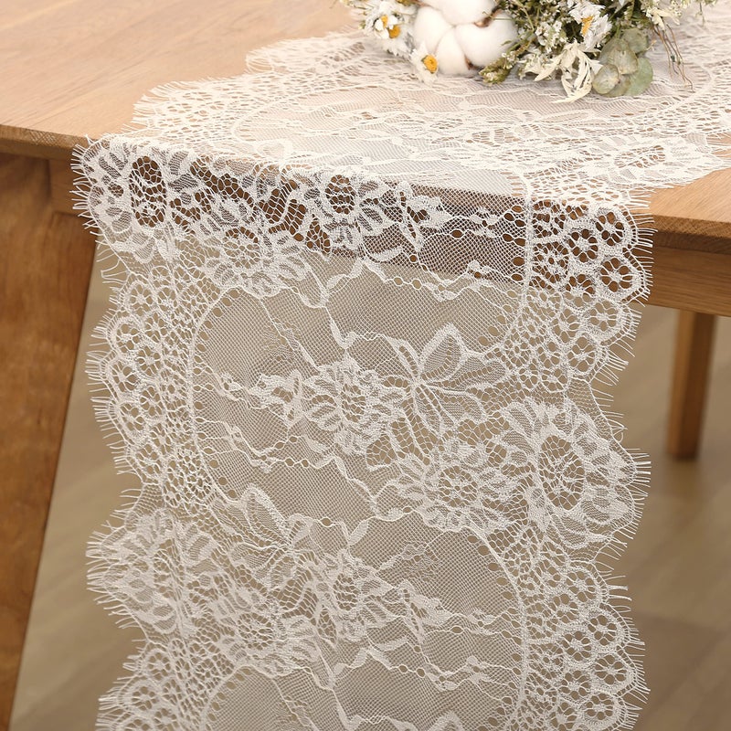 LuoluoHouse Lace Table Runners Farmhouse Chic Runner 14x120 Inch Rustic Wedding Ivory Lace Fabric for Baby Shower Boho Wedding Decorations Tea Party Decor - Image 1