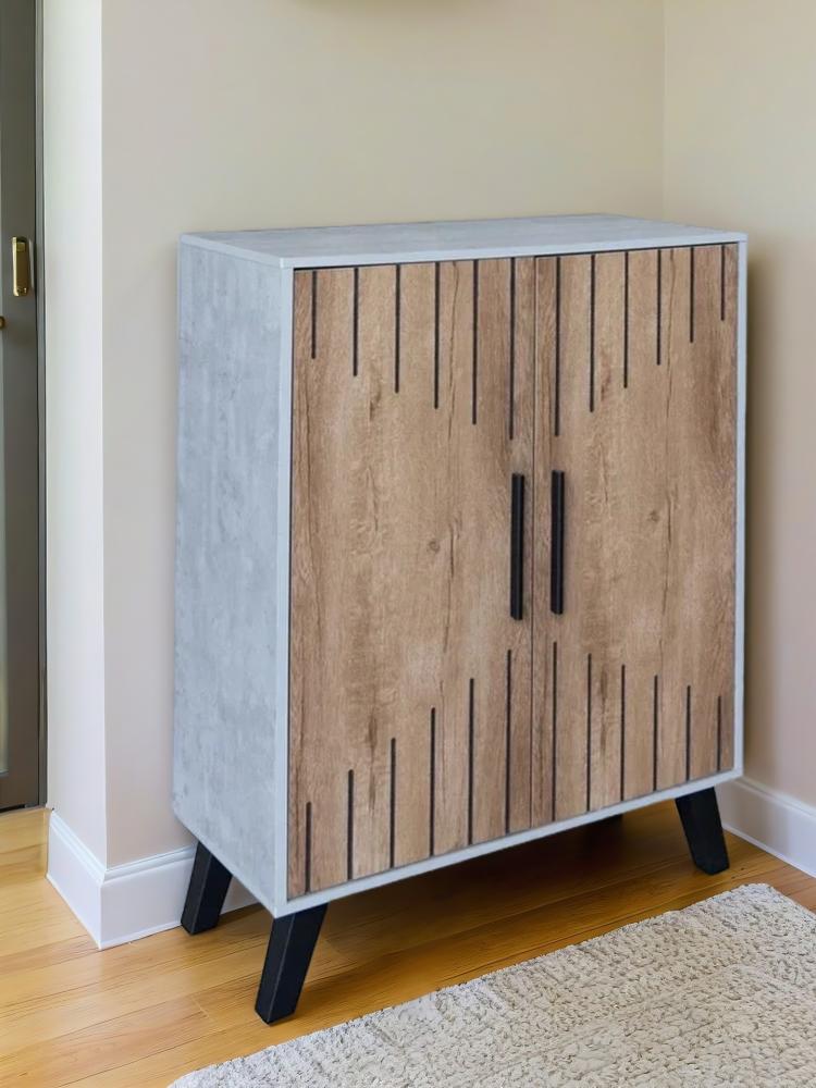 Baity Modern 4-shelf shoe cabinet with two doors, Malaysian wood, gray and wood - Image 1