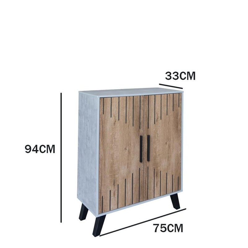 Baity Modern 4-shelf shoe cabinet with two doors, Malaysian wood, gray and wood - Image 2