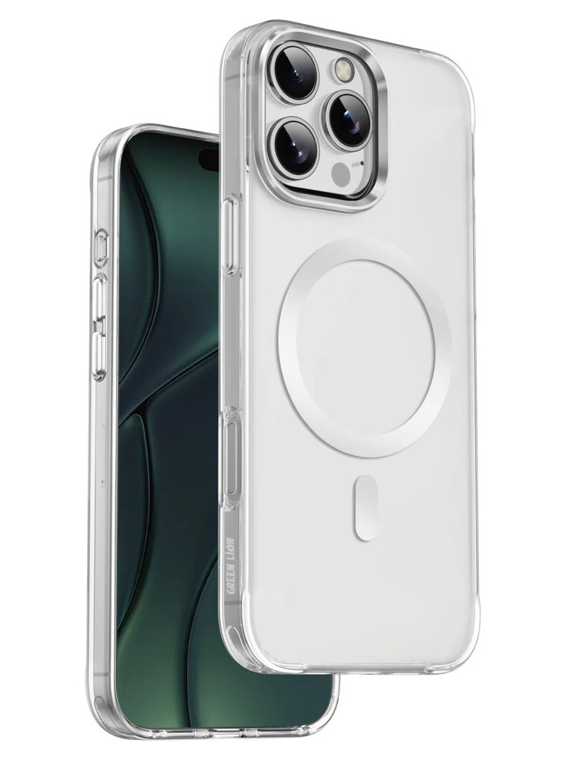 جرين ليون - جراب MagSafe لهاتف iPhone 16 Pro Max غير لامع / مضاد لبصمات الأصابع / مضاد للخدش / مضاد للاصفرار / حماية يومية / فتحات دقيقة / وضوح عالي / متوافق مع MagSafe / حماية من السقوط / درع غير لامع / شفاف للغاية - فضي - Image 1