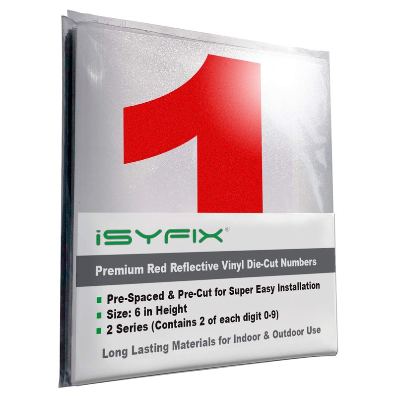 iSYFIX Reflective Red Vinyl Numbers Stickers â€“ 6 Inch Self Adhesive (2 Sets) Premium Decal Die Cut and PreSpaced for Mailbox, Signs, Window, Door, Cars, Trucks, Homes, Businesses, Address Numbers, - Image 1