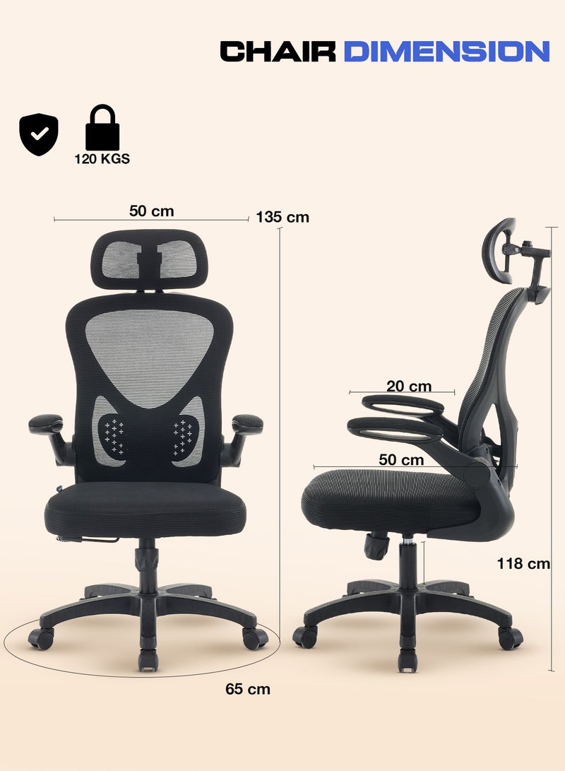 DROGO Premium Ergonomic Office Chair for Work from Home, High Back Computer Chair with Mesh, Flip-up Armrest, Headrest, Recline, Adjustable Seat & Lumbar Support | Mesh Chair for Office Black - Image 3