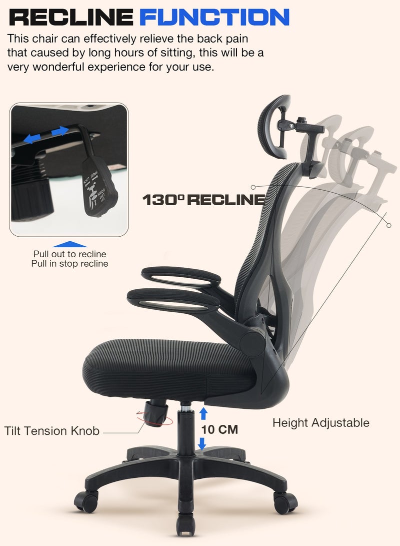DROGO Premium Ergonomic Office Chair for Work from Home, High Back Computer Chair with Mesh, Flip-up Armrest, Headrest, Recline, Adjustable Seat & Lumbar Support | Mesh Chair for Office Black - Image 4