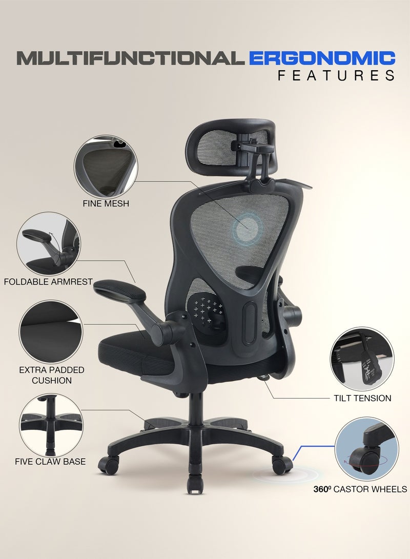 DROGO Premium Ergonomic Office Chair for Work from Home, High Back Computer Chair with Mesh, Flip-up Armrest, Headrest, Recline, Adjustable Seat & Lumbar Support | Mesh Chair for Office Black - Image 5