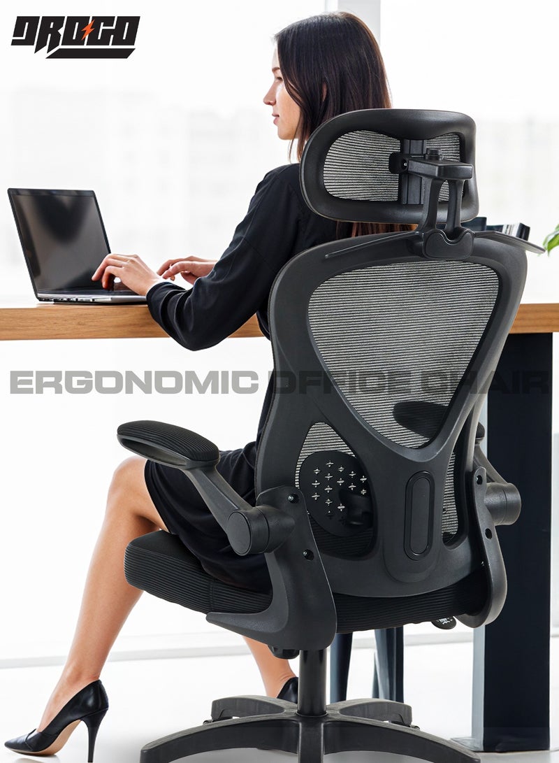 DROGO Premium Ergonomic Office Chair for Work from Home, High Back Computer Chair with Mesh, Flip-up Armrest, Headrest, Recline, Adjustable Seat & Lumbar Support | Mesh Chair for Office Black - Image 2