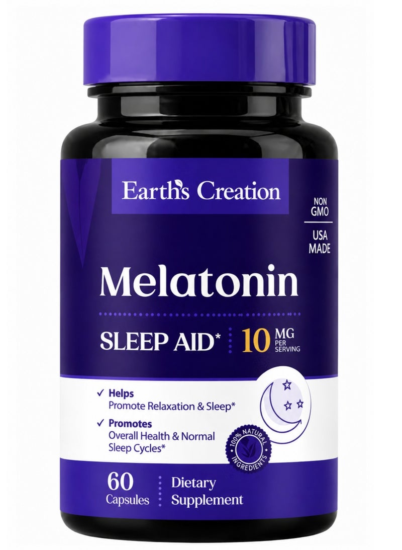 Earth's Creation Melatonin 10mg Sleep Support Supplement | Natural Nighttime Sleep Aid for Adults | Helps Fall Asleep Fast, Reduces Jet Lag & Occasional Sleeplessness | 60 Capsules - Image 1