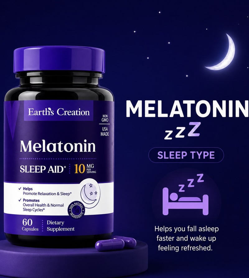 Earth's Creation Melatonin 10mg Sleep Support Supplement | Natural Nighttime Sleep Aid for Adults | Helps Fall Asleep Fast, Reduces Jet Lag & Occasional Sleeplessness | 60 Capsules - Image 2