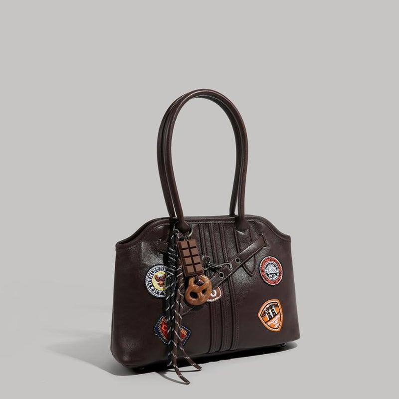 Glitters Vintage Style Leather Handbag with Patches and Decorative Charms - Black - Image 2