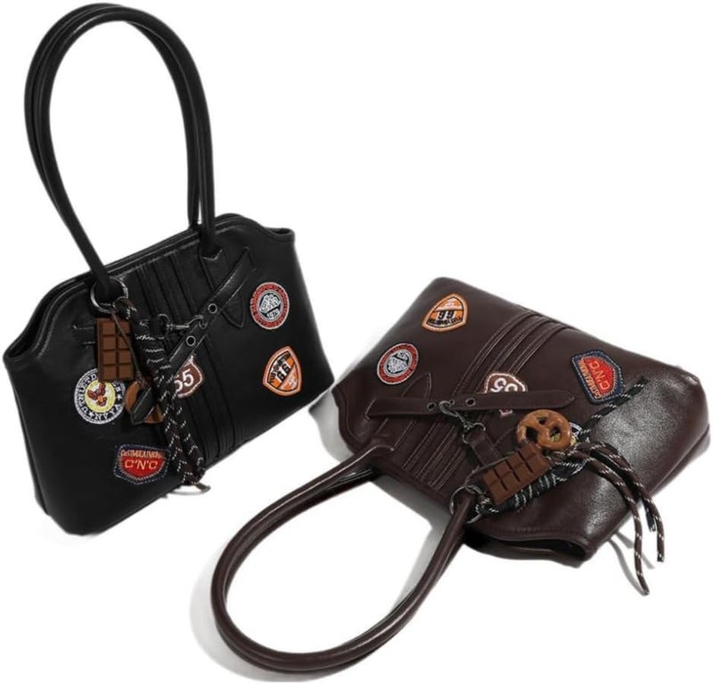 Glitters Vintage Style Leather Handbag with Patches and Decorative Charms - Black - Image 4