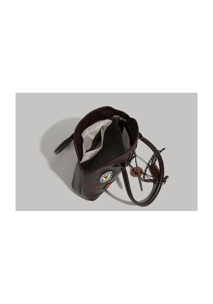 Glitters Vintage Style Leather Handbag with Patches and Decorative Charms - Black - Image 5